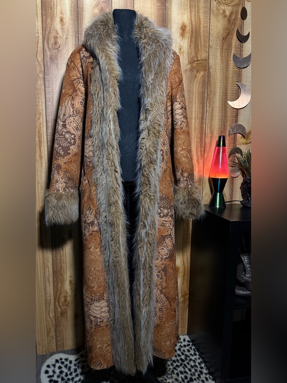 Newport News Brown Paisley Teddy Coat with Faux Fur Trim